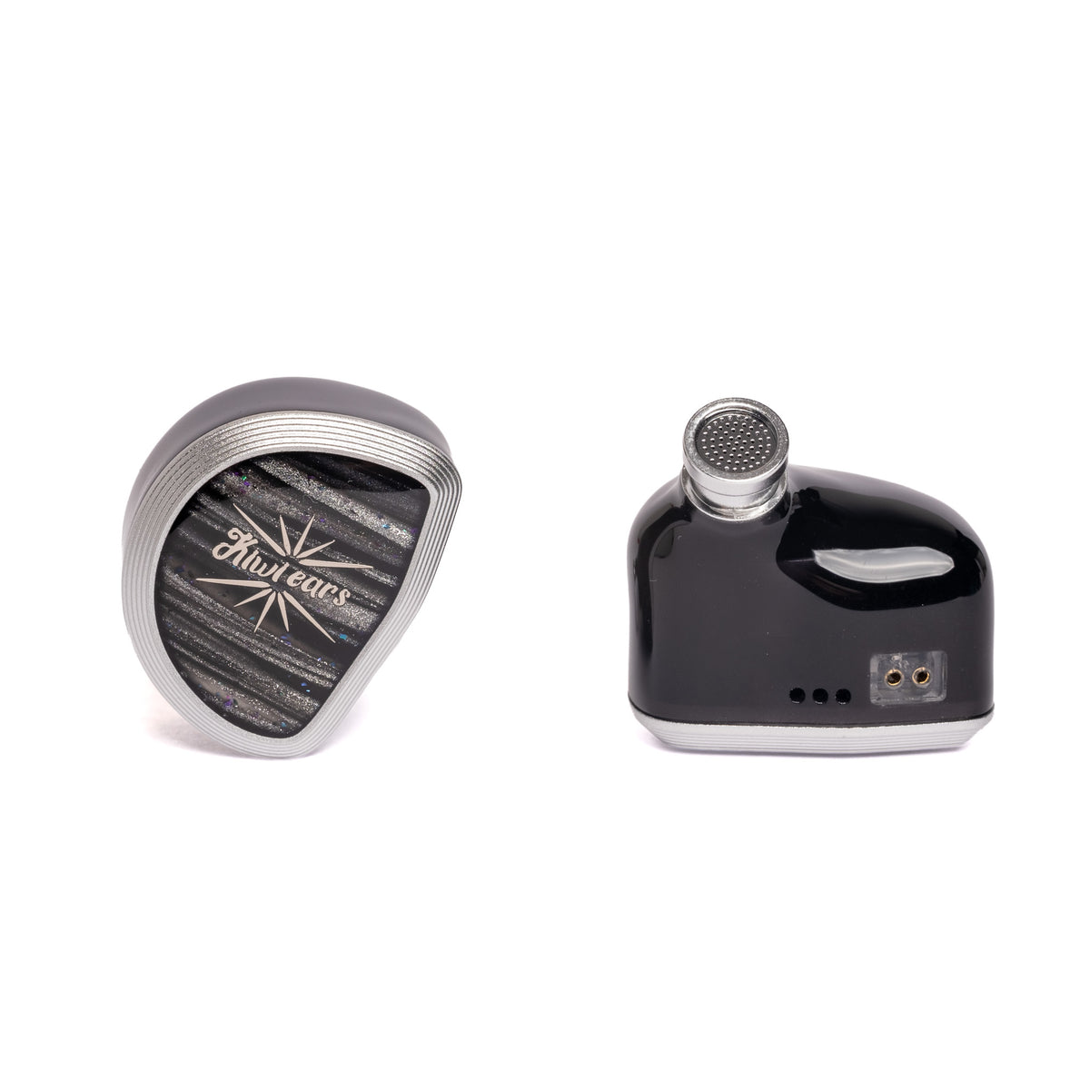Kiwi Ears Aether, faceplate and side view showing the black shell, metal nozzle, vents and 2-pin socket