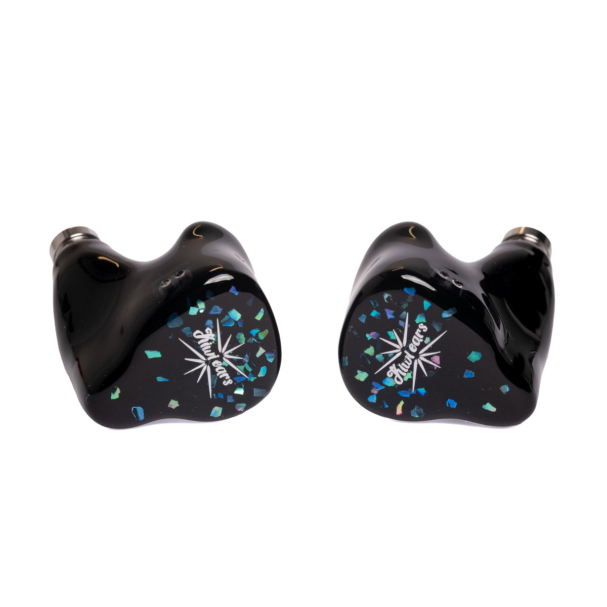 Kiwi Ears Astral in-ear monitors, front view of black shells with blue and teal flake faceplates