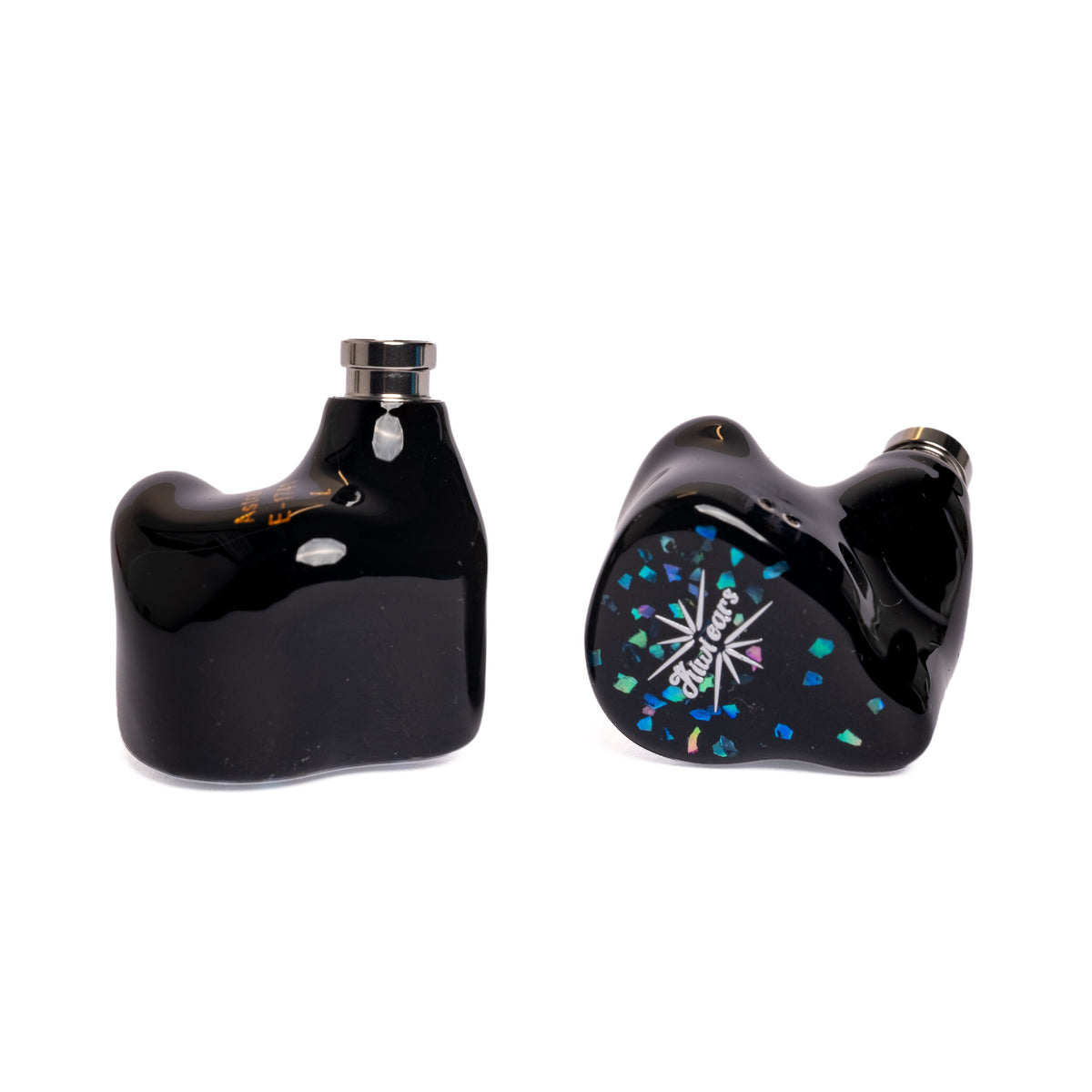 Kiwi Ears Astral, side view of the glossy black shell and metal nozzle next to a faceplate view