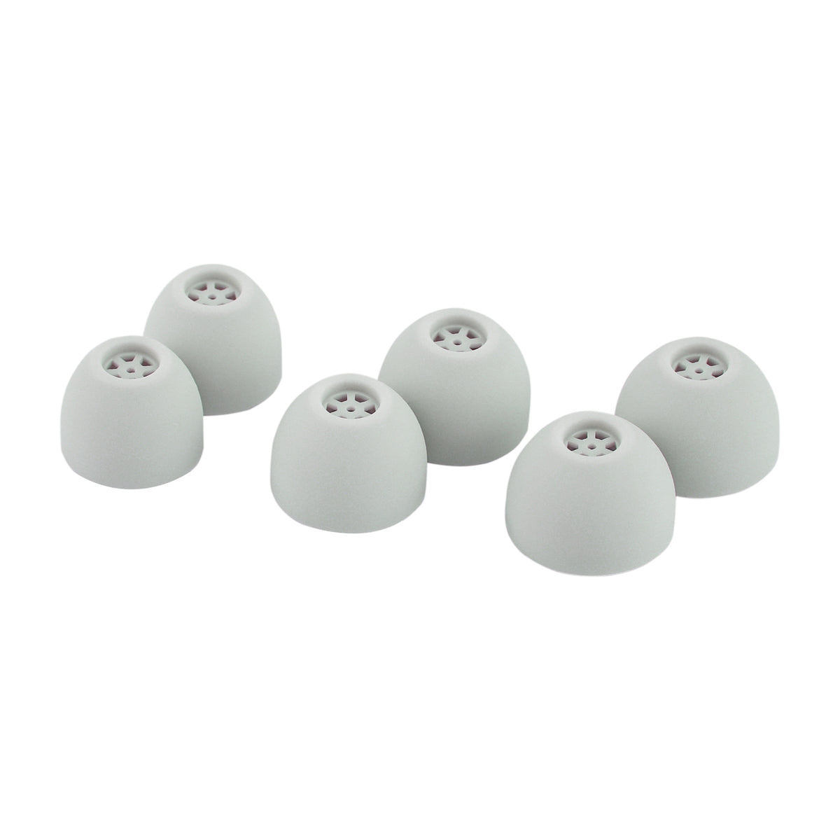 Kiwi Ears Flex Ear Tips, six grey silicone tips in three sizes with the wax guard holes visible