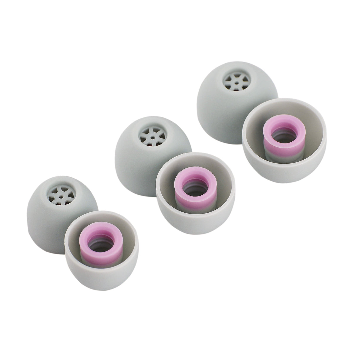 Kiwi Ears Flex Ear Tips, three grey tips from the side and three from below showing the pink inner core