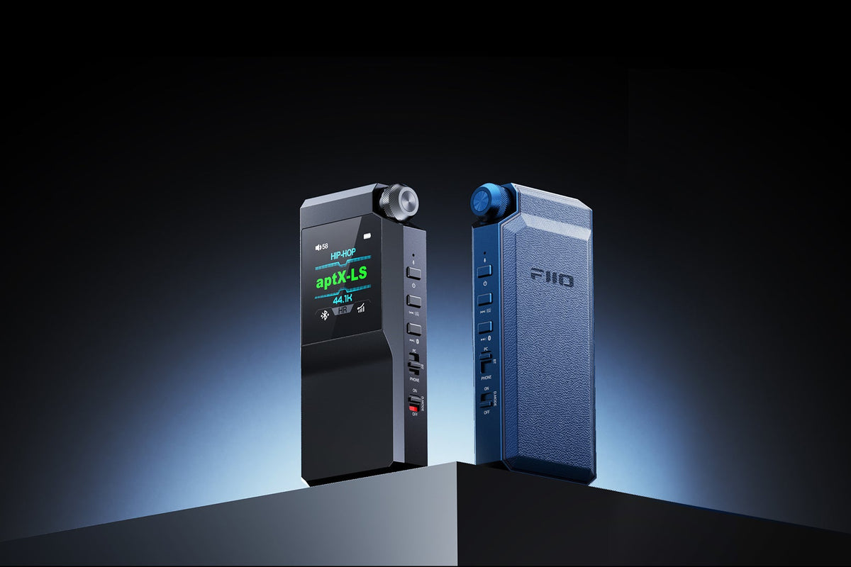 FiiO BTR17 in black and in blue standing side by side on a dark background