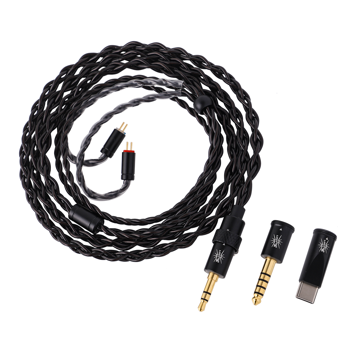 Kiwi Ears x B_Media Terras black braided cable with 2-pin ends and 3.5 mm, 4.4 mm and USB-C plugs
