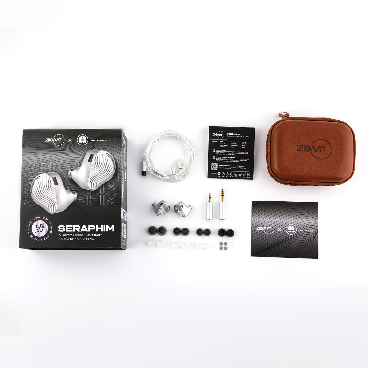 ZiiGaat x Jay's Audio Seraphim box contents: earphones, silver cable, plugs, ear tips, manual and brown case