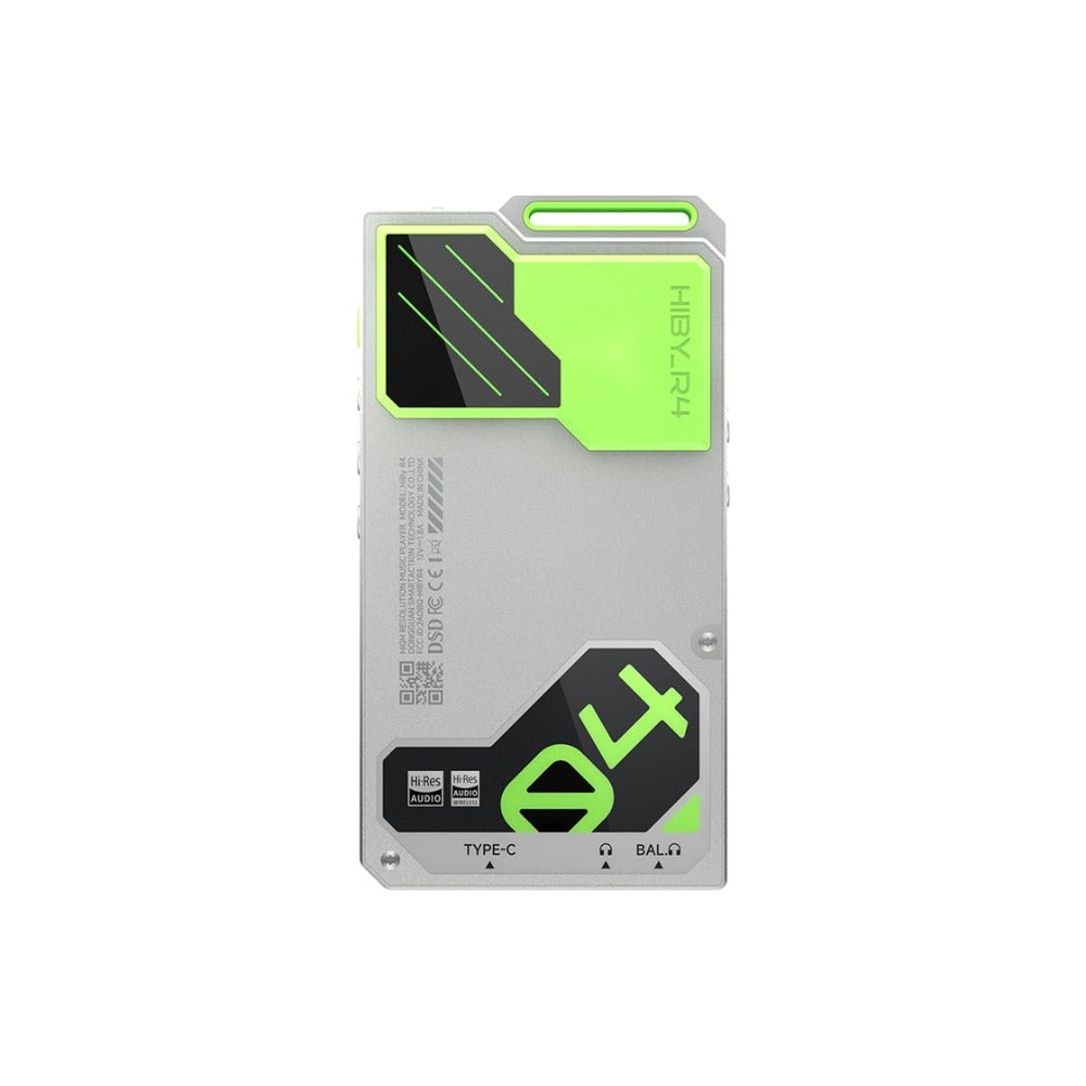 HiBy R4 digital audio player, silver body with green back panel, rear view