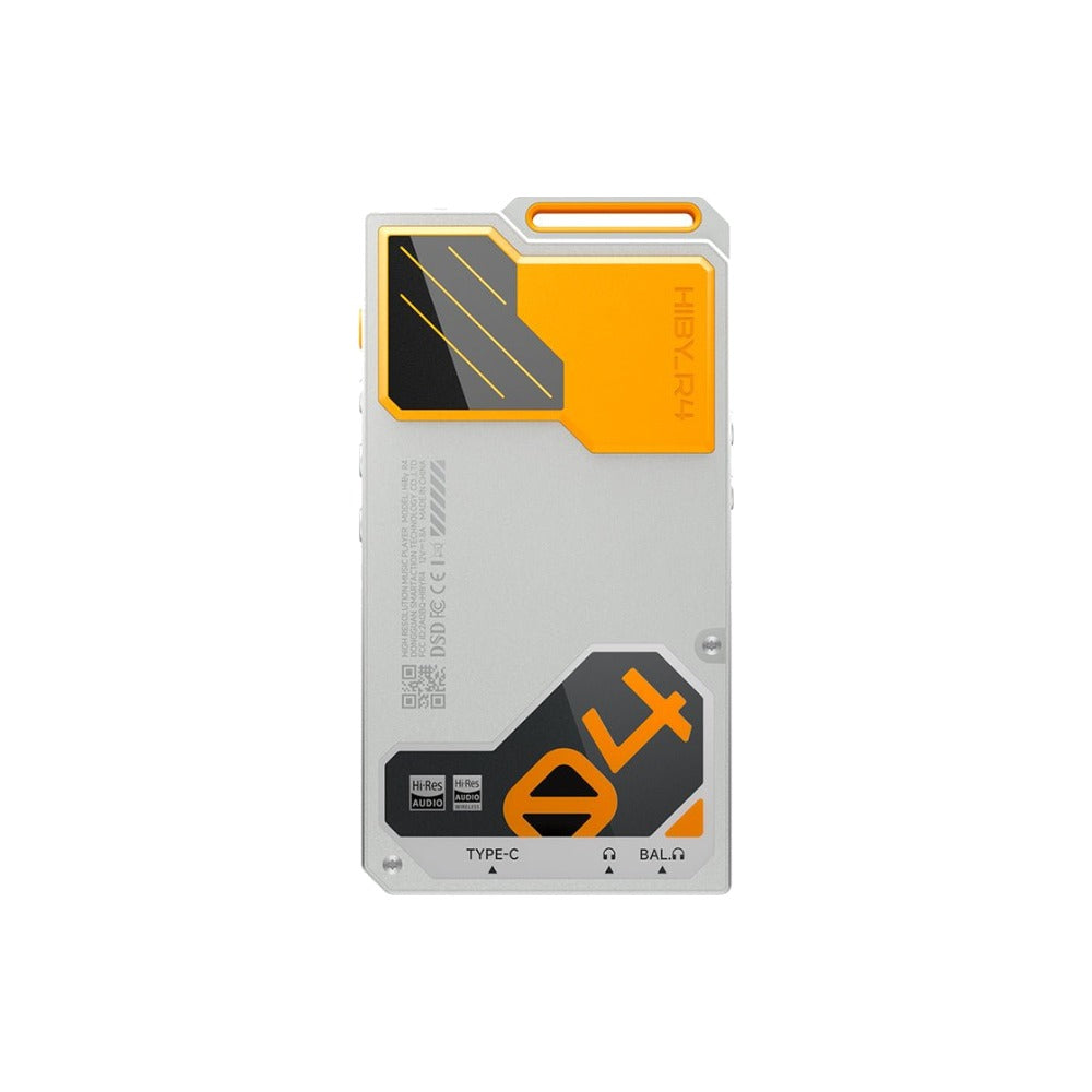 HiBy R4 digital audio player, silver body with orange back panel, rear view