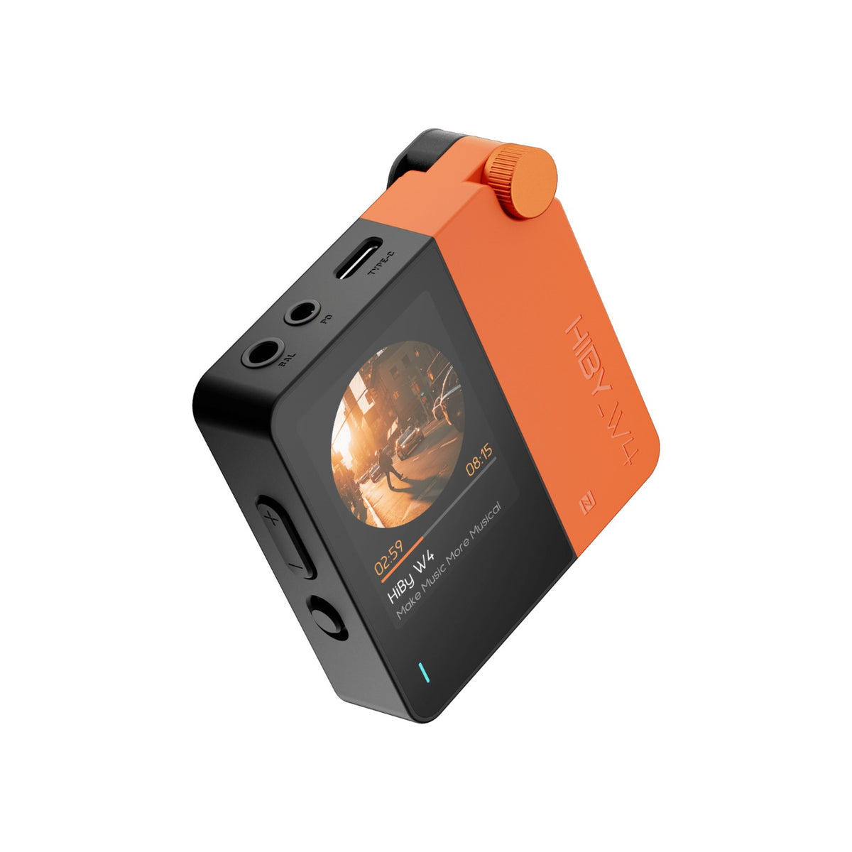 HiBy W4 portable DAC and amplifier in orange