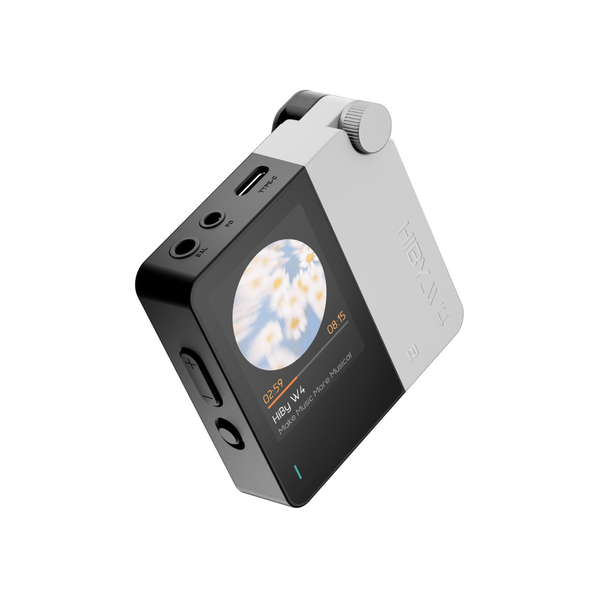 HiBy W4 portable DAC and amplifier in white, with round colour screen and clip
