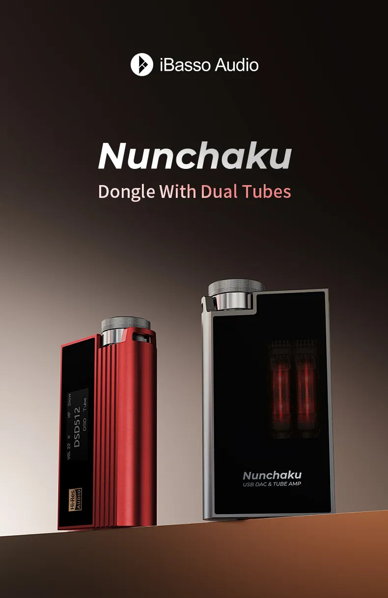 iBasso Nunchaku in red and in grey side by side, with the text Dongle With Dual Tubes