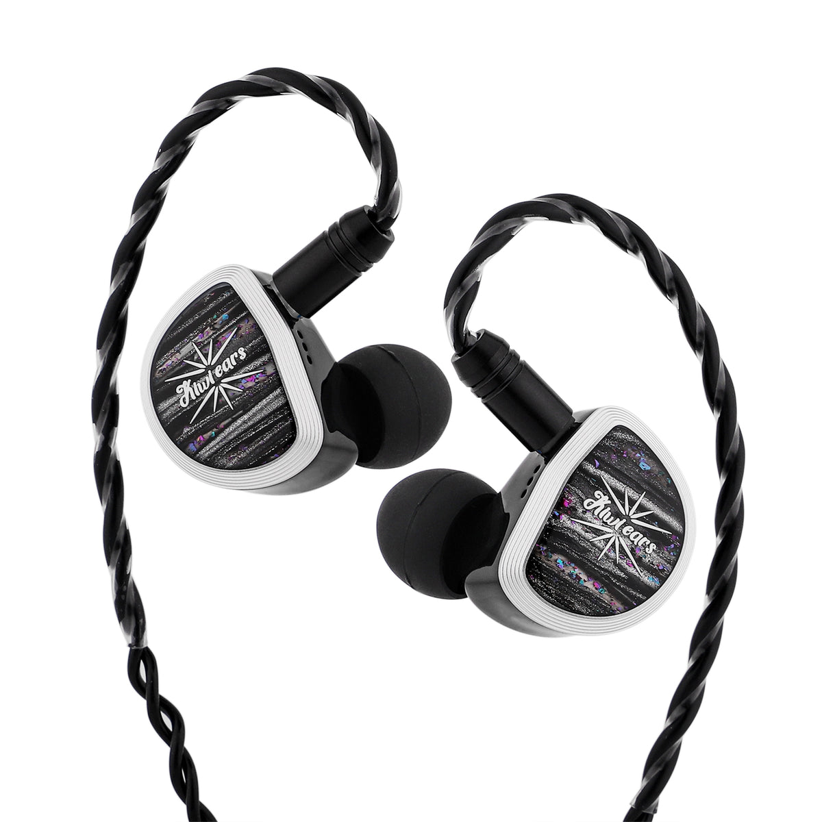 Kiwi Ears Aether with black braided cable over-ear hooks and black silicone ear tips fitted