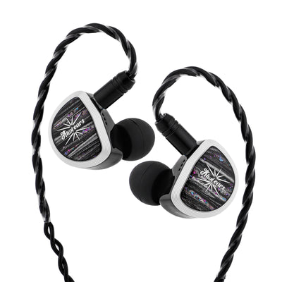 Kiwi Ears Aether with black braided cable over-ear hooks and black silicone ear tips fitted