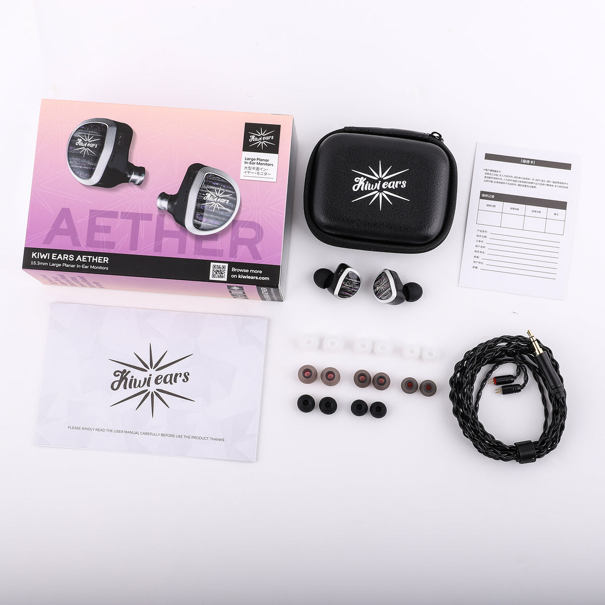 Kiwi Ears Aether box contents: earphones, black braided cable, zip case, ear tips, manual and warranty card