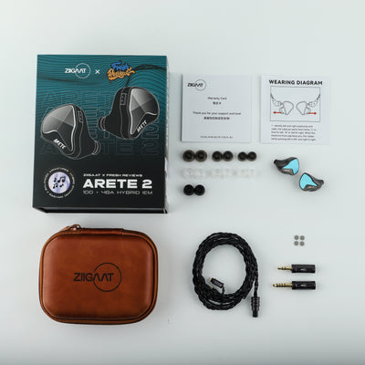 ZiiGaat x Fresh Reviews Arete II box contents: earphones, black cable, plugs, ear tips and brown case