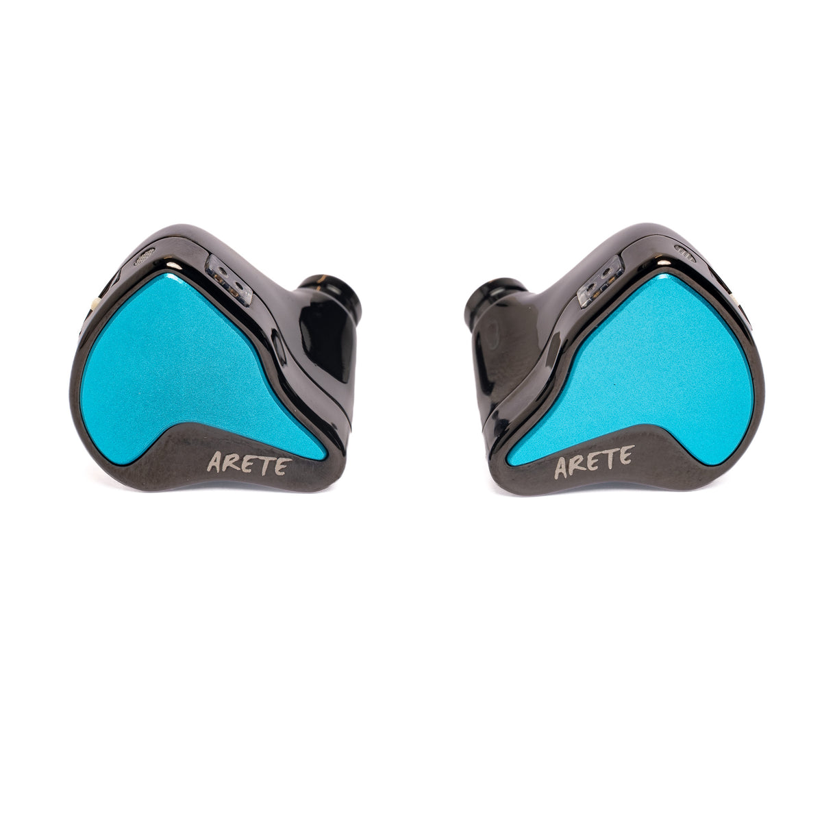 ZiiGaat x Fresh Reviews Arete II, front view of both black shells with light blue faceplates and Arete logo
