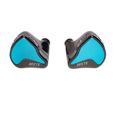 ZiiGaat x Fresh Reviews Arete II, front view of both black shells with light blue faceplates and Arete logo