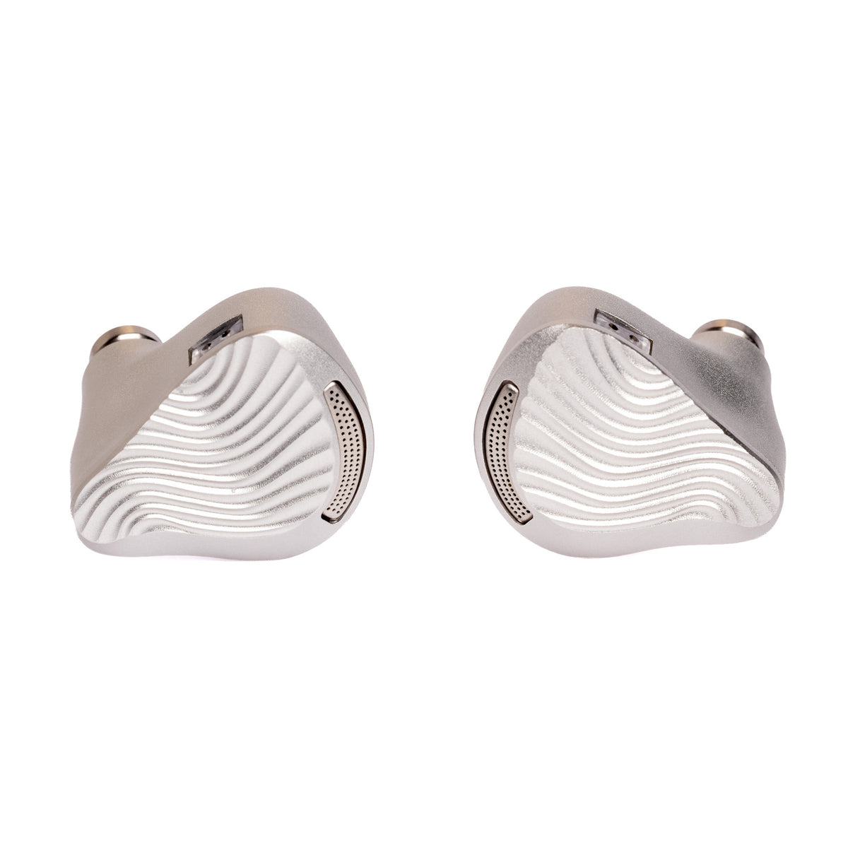 ZiiGaat x Jay's Audio Seraphim, front view of both silver metal shells with wave-pattern faceplates