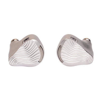 ZiiGaat x Jay's Audio Seraphim, front view of both silver metal shells with wave-pattern faceplates