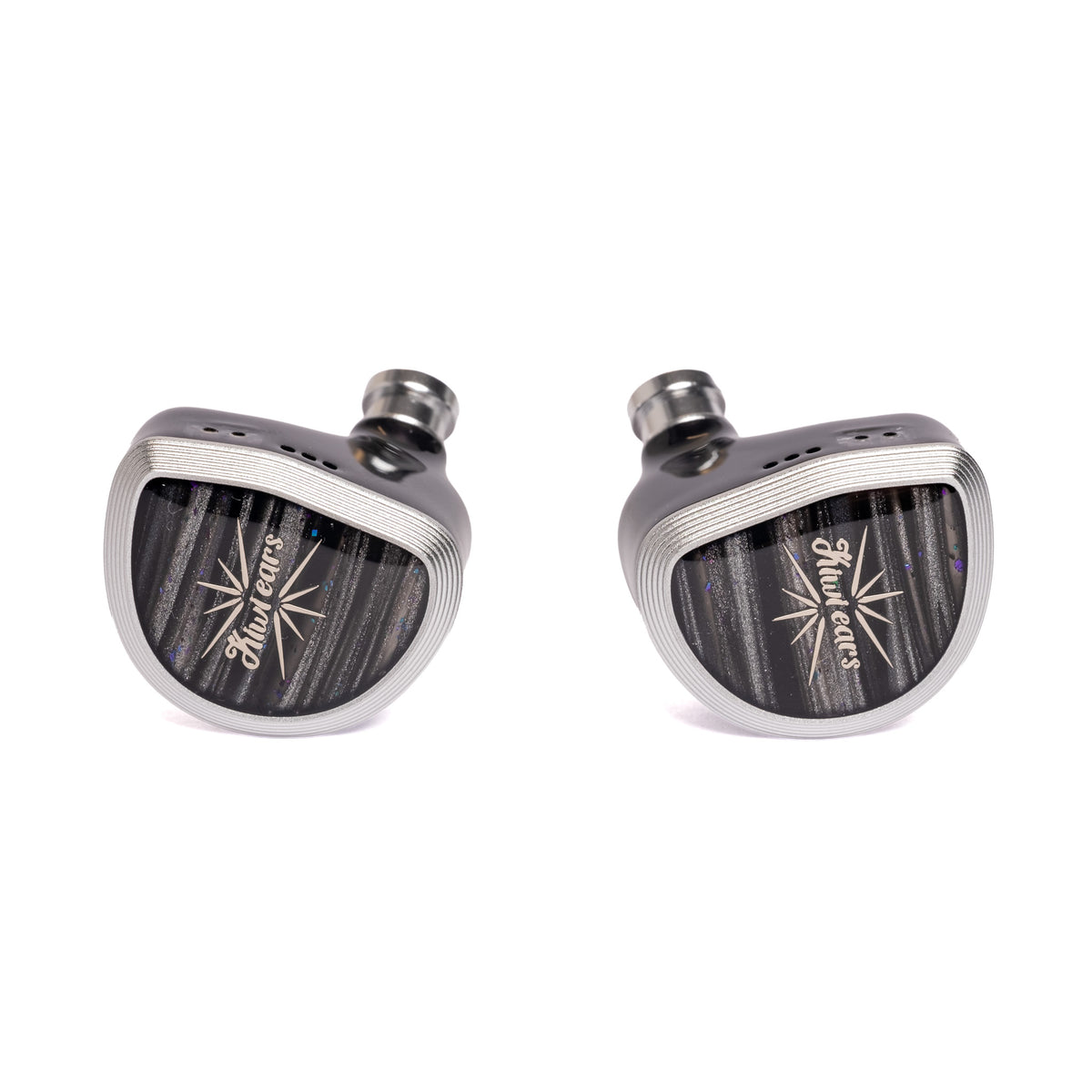 Kiwi Ears Aether in-ear monitors, front view of both shells with silver frames and black-grey striped faceplates