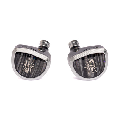 Kiwi Ears Aether in-ear monitors, front view of both shells with silver frames and black-grey striped faceplates