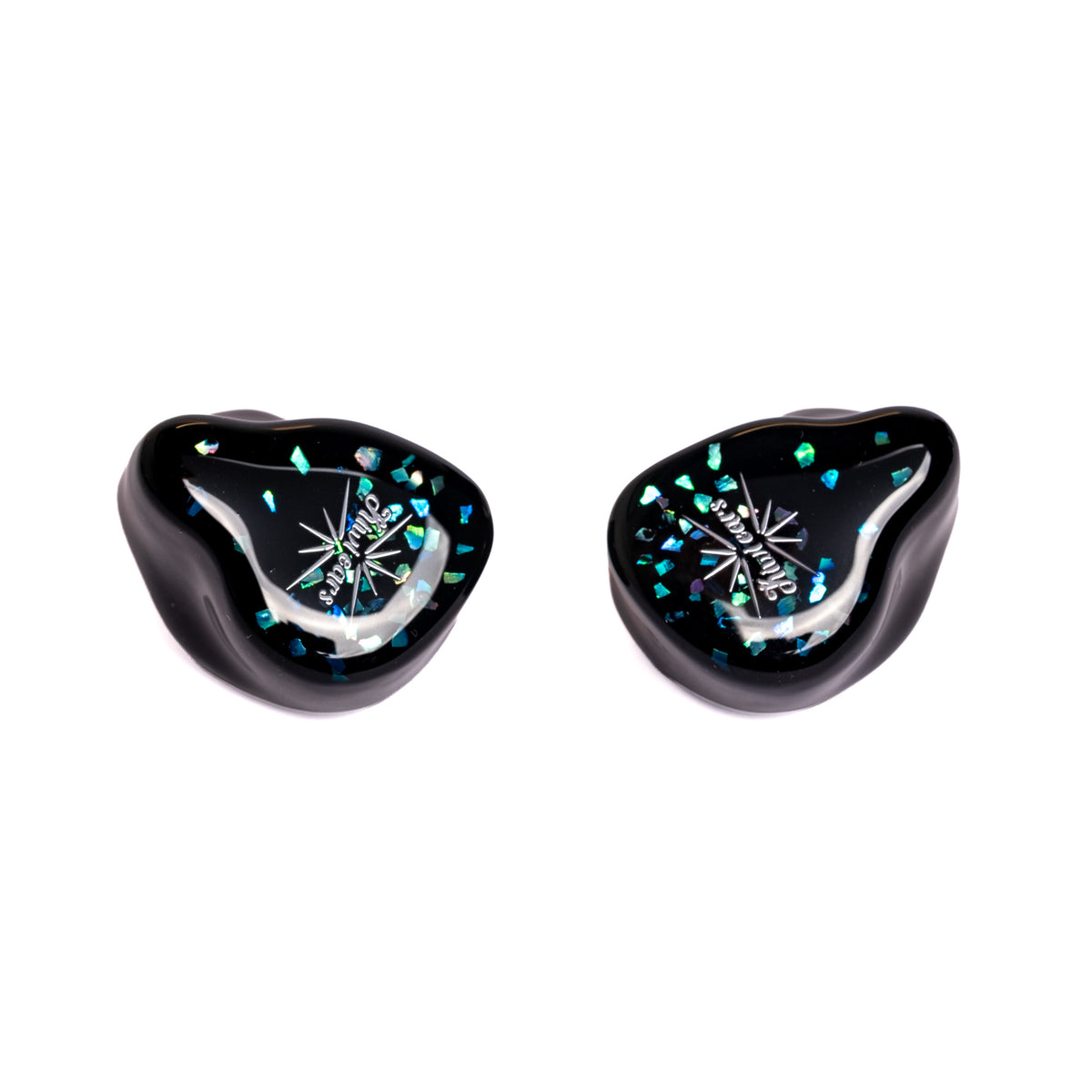 Kiwi Ears Astral shells at an angle, black resin with blue and teal flakes and a silver Kiwi Ears logo