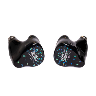 Kiwi Ears Astral in-ear monitors, front view of black shells with blue and teal flake faceplates
