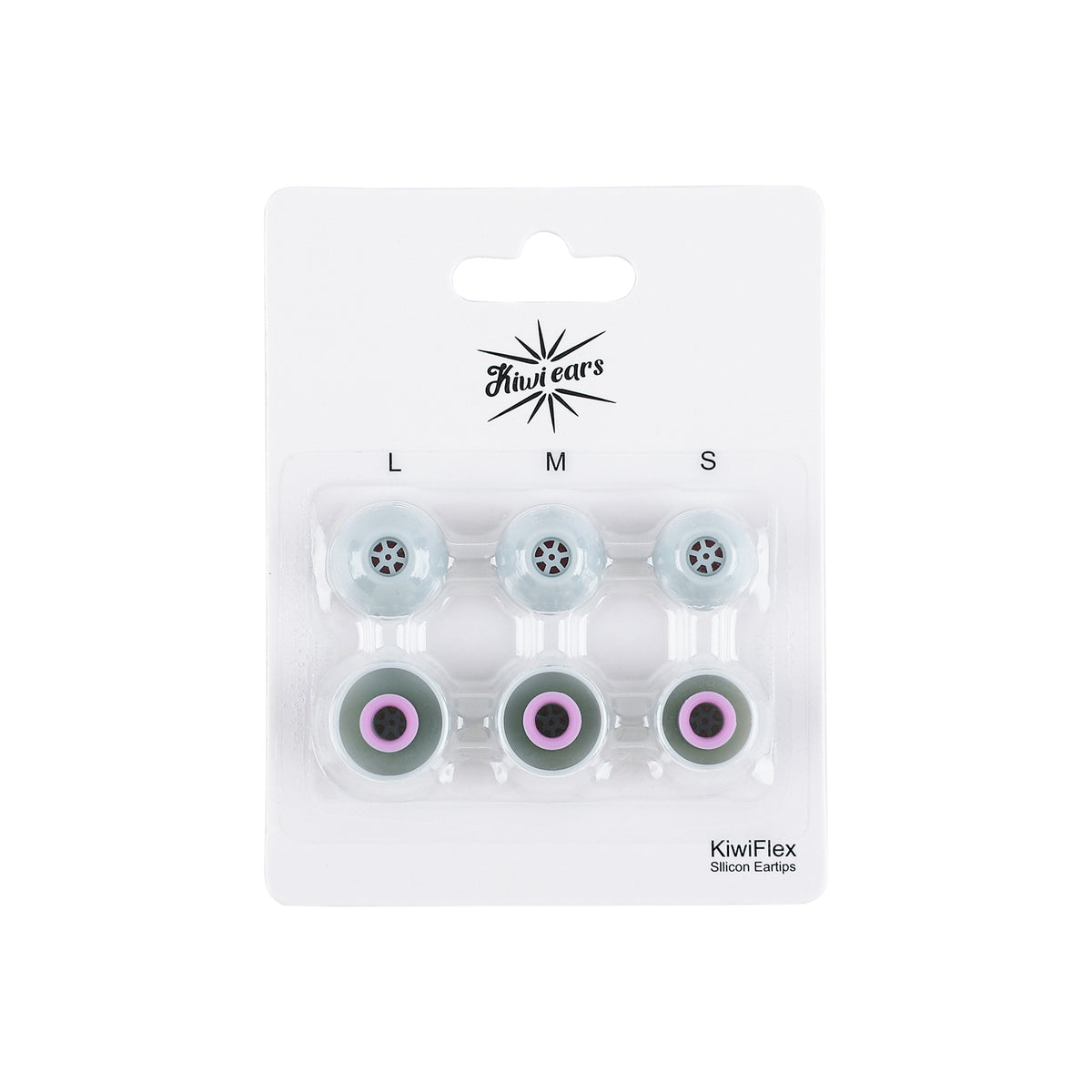 Kiwi Ears Flex Ear Tips in the retail card, three grey pairs in sizes L, M and S