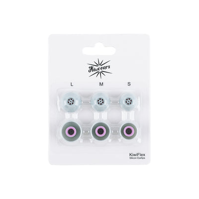 Kiwi Ears Flex Ear Tips in the retail card, three grey pairs in sizes L, M and S
