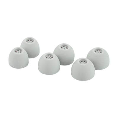 Kiwi Ears Flex Ear Tips, six grey silicone tips in three sizes with the wax guard holes visible