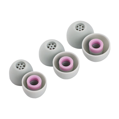 Kiwi Ears Flex Ear Tips, three grey tips from the side and three from below showing the pink inner core
