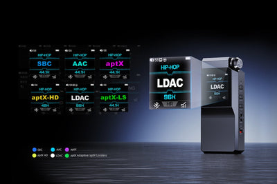 FiiO BTR17 screens showing each Bluetooth codec: SBC, AAC, aptX, aptX HD, LDAC and aptX Lossless