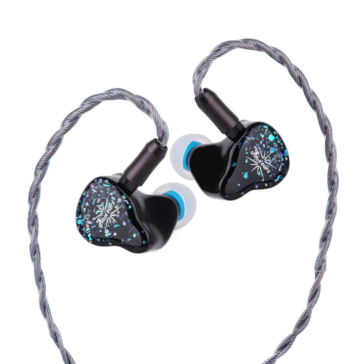 Kiwi Ears Astral with grey braided cable and blue-core silicone ear tips fitted
