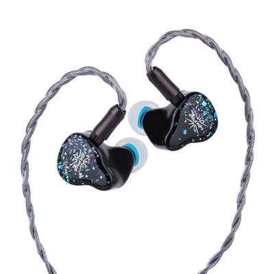 Kiwi Ears Astral with grey braided cable and blue-core silicone ear tips fitted