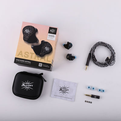 Kiwi Ears Astral box contents: earphones, grey braided cable, 4.4 mm plug, zip case, ear tips and cloth