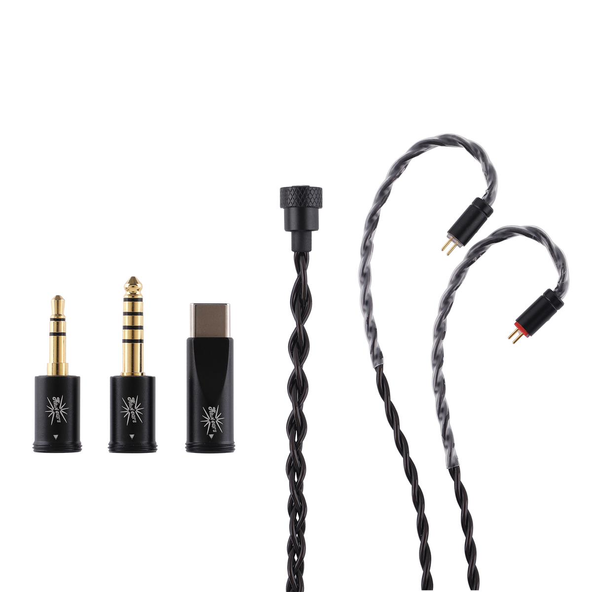Kiwi Ears x B_Media Terras 3.5 mm, 4.4 mm and USB-C plug modules next to the 2-pin ends and ear hooks