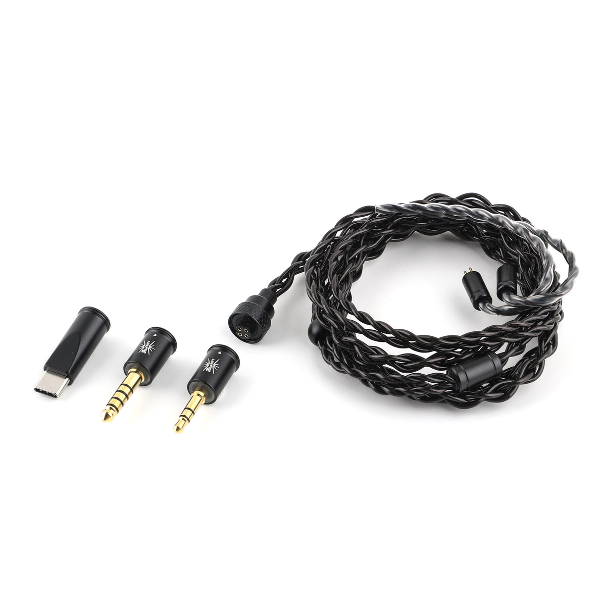 Kiwi Ears x B_Media Terras coiled black cable with the USB-C, 4.4 mm and 3.5 mm plugs beside it