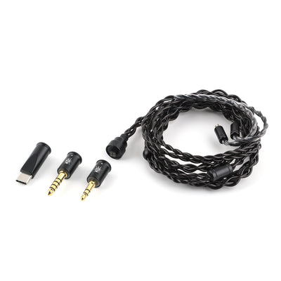 Kiwi Ears x B_Media Terras coiled black cable with the USB-C, 4.4 mm and 3.5 mm plugs beside it