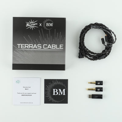 Kiwi Ears x B_Media Terras box contents: black cable, three plug modules, warranty card and B_Media card