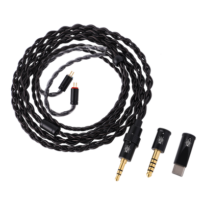 Kiwi Ears x B_Media Terras black braided cable with 2-pin ends and 3.5 mm, 4.4 mm and USB-C plugs