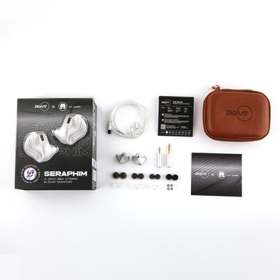 ZiiGaat x Jay's Audio Seraphim box contents: earphones, silver cable, plugs, ear tips, manual and brown case