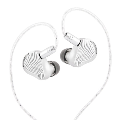 ZiiGaat x Jay's Audio Seraphim with silver cable over-ear hooks and grey silicone ear tips fitted