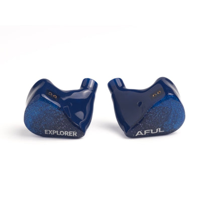 AFUL Explorer in-ear monitors, dark blue glitter resin shells with Explorer and AFUL lettering