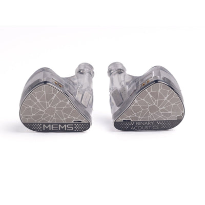Binary Acoustics EP321 MEMS in-ear monitors, clear grey shells with mosaic faceplates and MEMS lettering