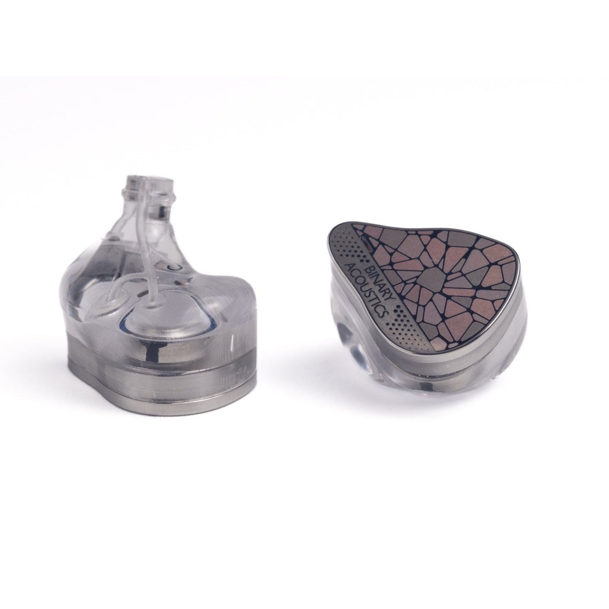 Binary Acoustics EP321 MEMS earpieces, clear shell from the side and mosaic faceplate from the front