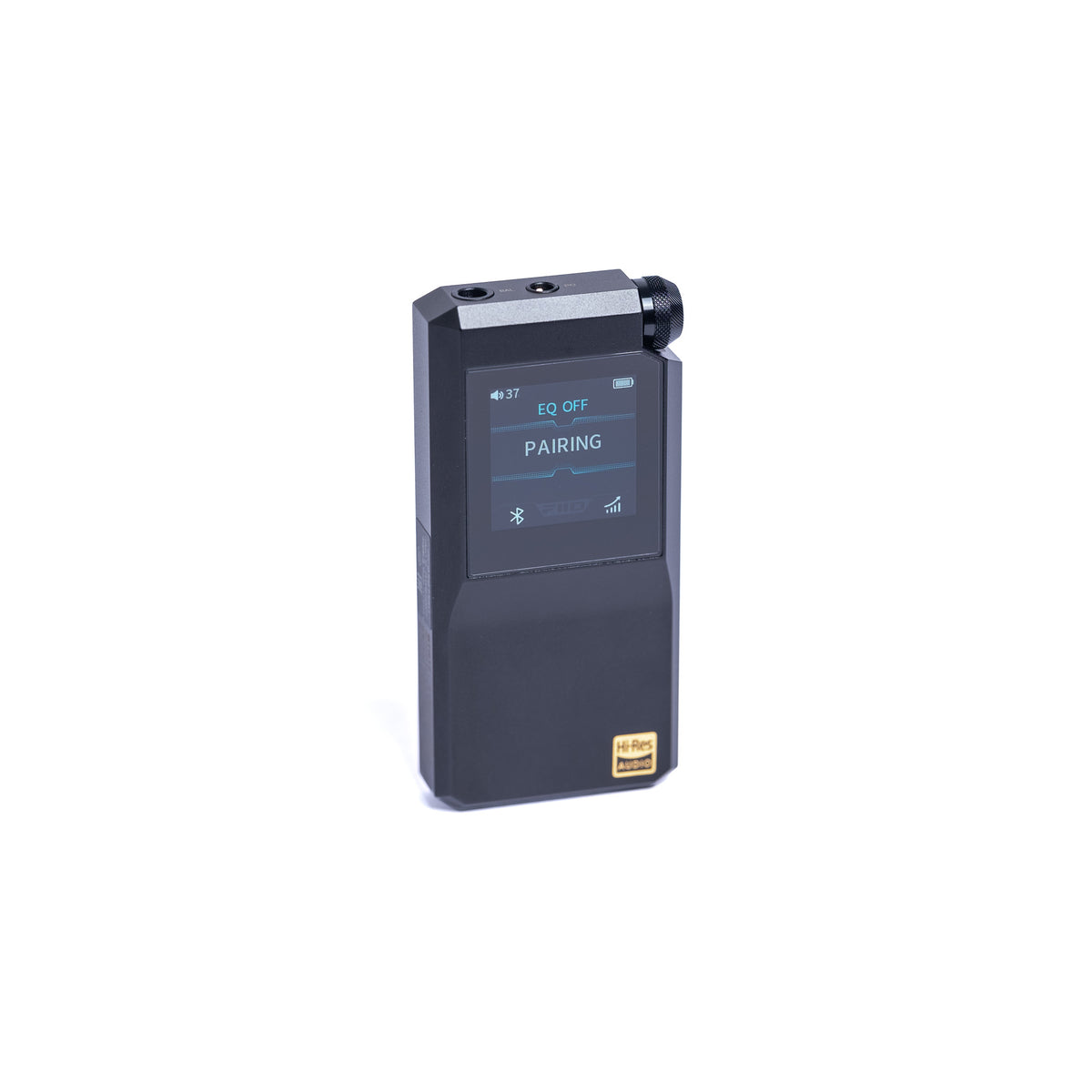 FiiO BTR17 in black from the front, screen showing Pairing and volume knob on top