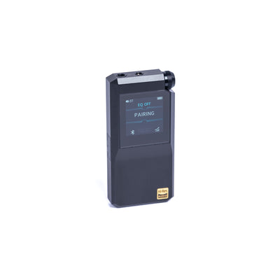 FiiO BTR17 in black from the front, screen showing Pairing and volume knob on top