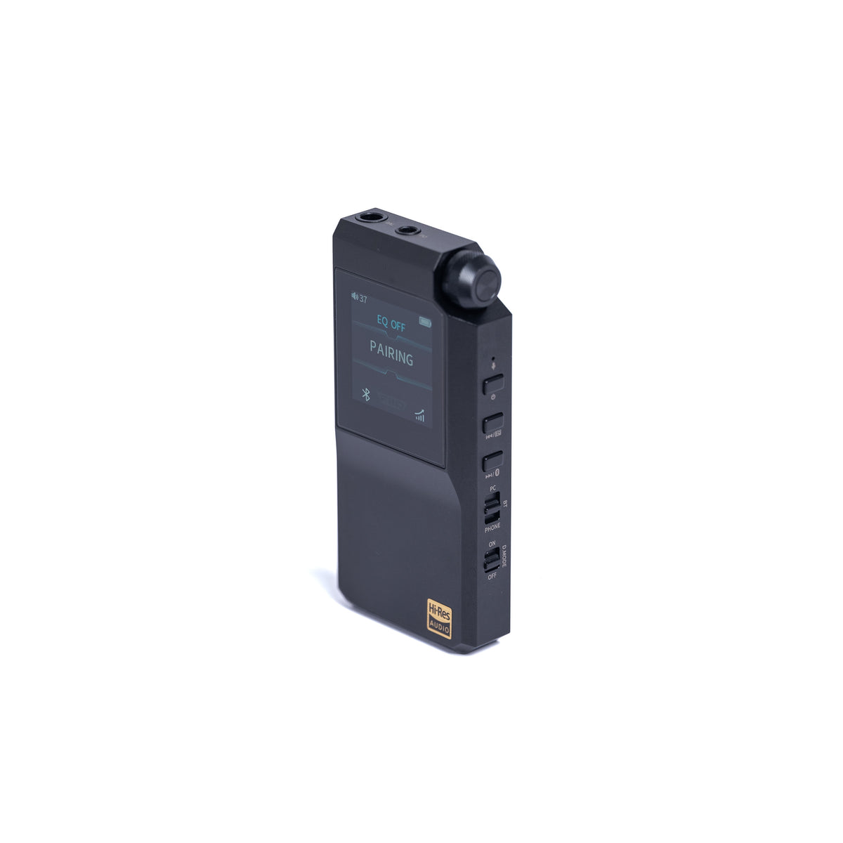FiiO BTR17 in black at an angle, colour screen showing Pairing, side buttons and volume knob