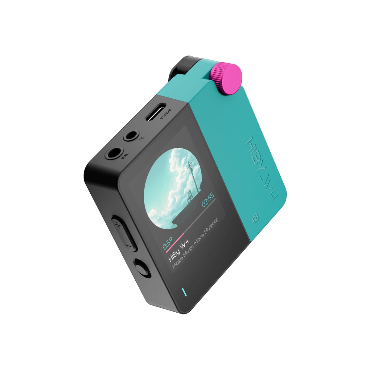 HiBy W4 portable DAC and amplifier in teal with a pink dial