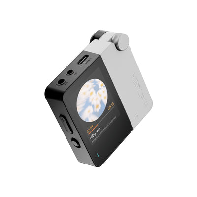 HiBy W4 portable DAC and amplifier in white, with round colour screen and clip
