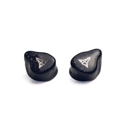 Hisenior Mega7 in-ear monitors, black sparkle resin shells with a silver logo