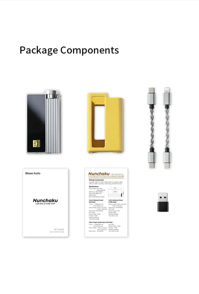 iBasso Nunchaku box contents: grey dongle, yellow case, two braided USB cables, USB-A adapter, manual and warranty card